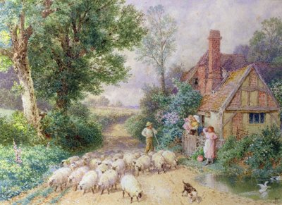 Shepherd and his flock passing a country cottage by Myles Birket Foster